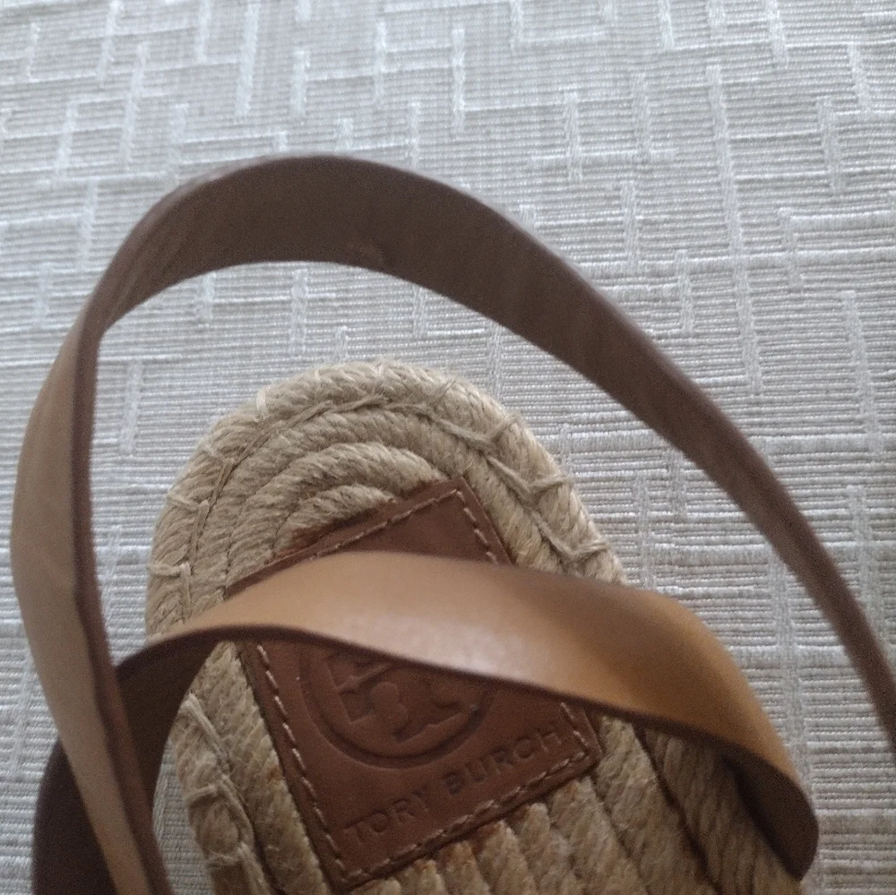 Tory Burch Logo Espadrille Sandals Shoes Womens Sz 8.5 Brown Green Beige Strappy